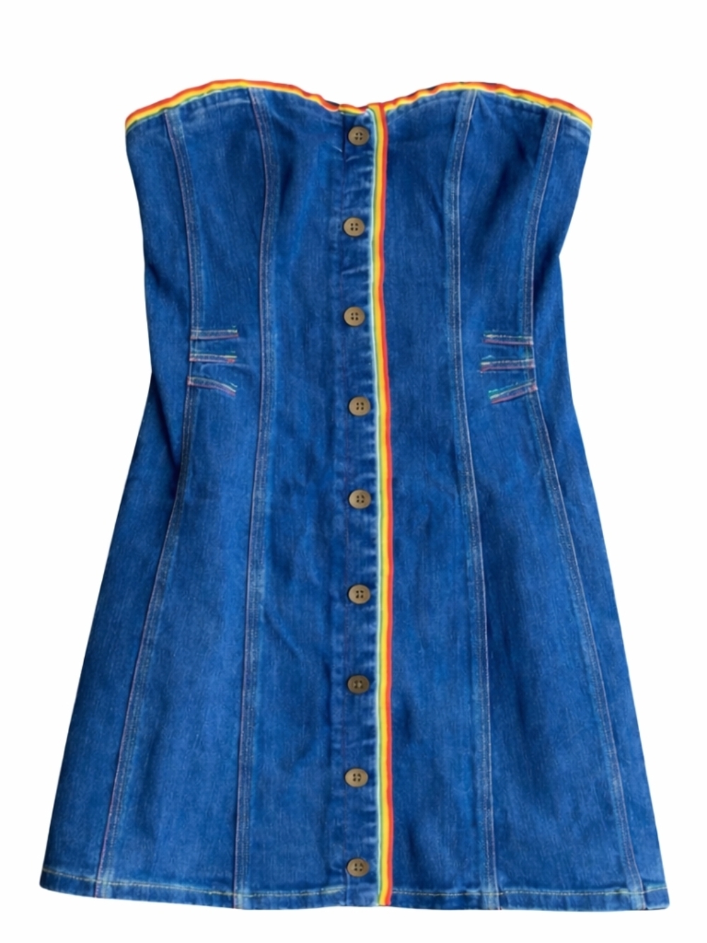 Anthropologie Strapless Denim Mini Dress Rainbow Trim NWT XS Button Front Boho - Picture 2 of 13